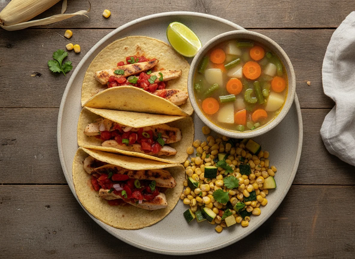 Tacos de pollo con sopa y guarnición de elote photo