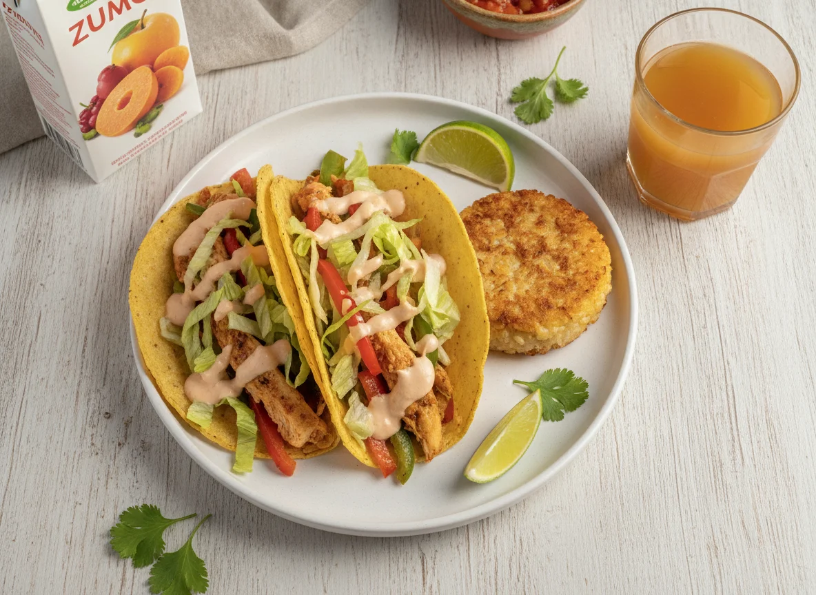 Tacos de pollo con tortita de arroz y zumo photo