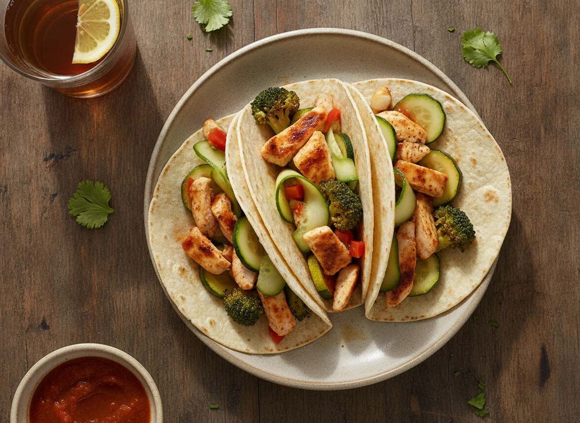 Tacos de pollo con verduras y pepino photo