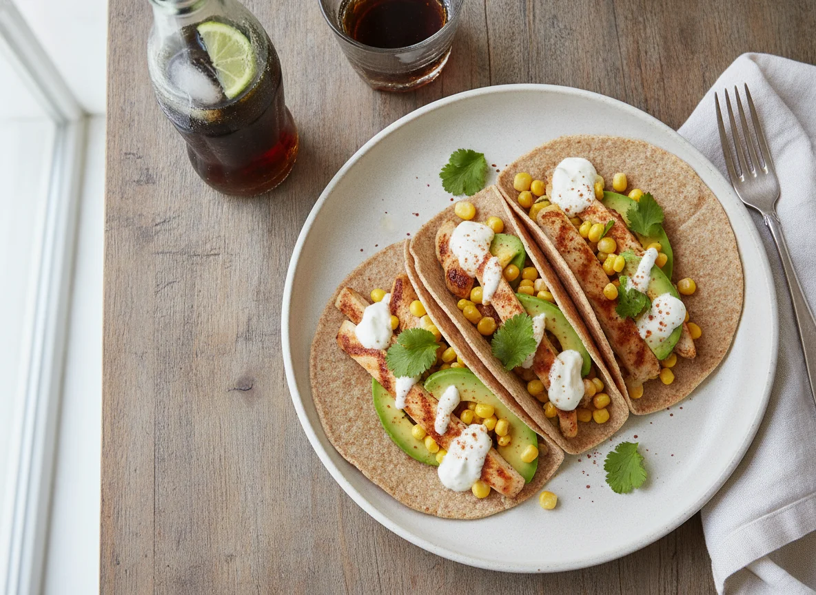 Tacos de pollo y aguacate con refresco photo