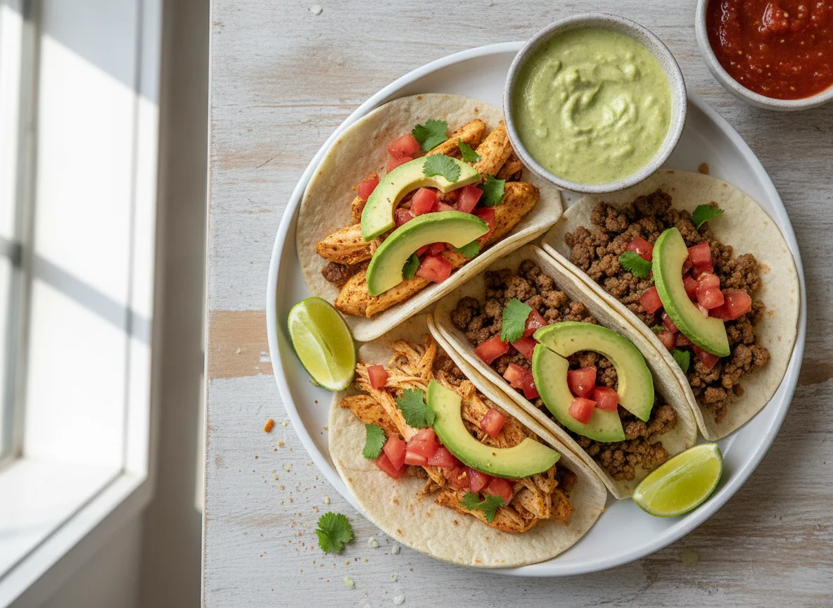 Tacos de pollo y carne molida con palta photo