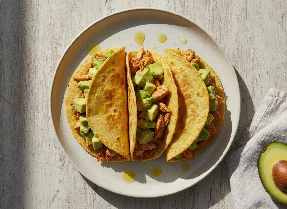 Tacos de tortilla de huevo con palta y pollo photo