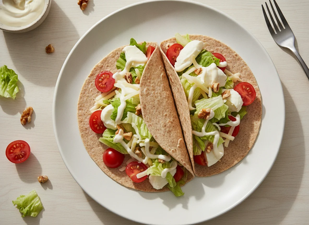 Tacos de tortilla integral con queso, tomate, lechuga y nueces photo