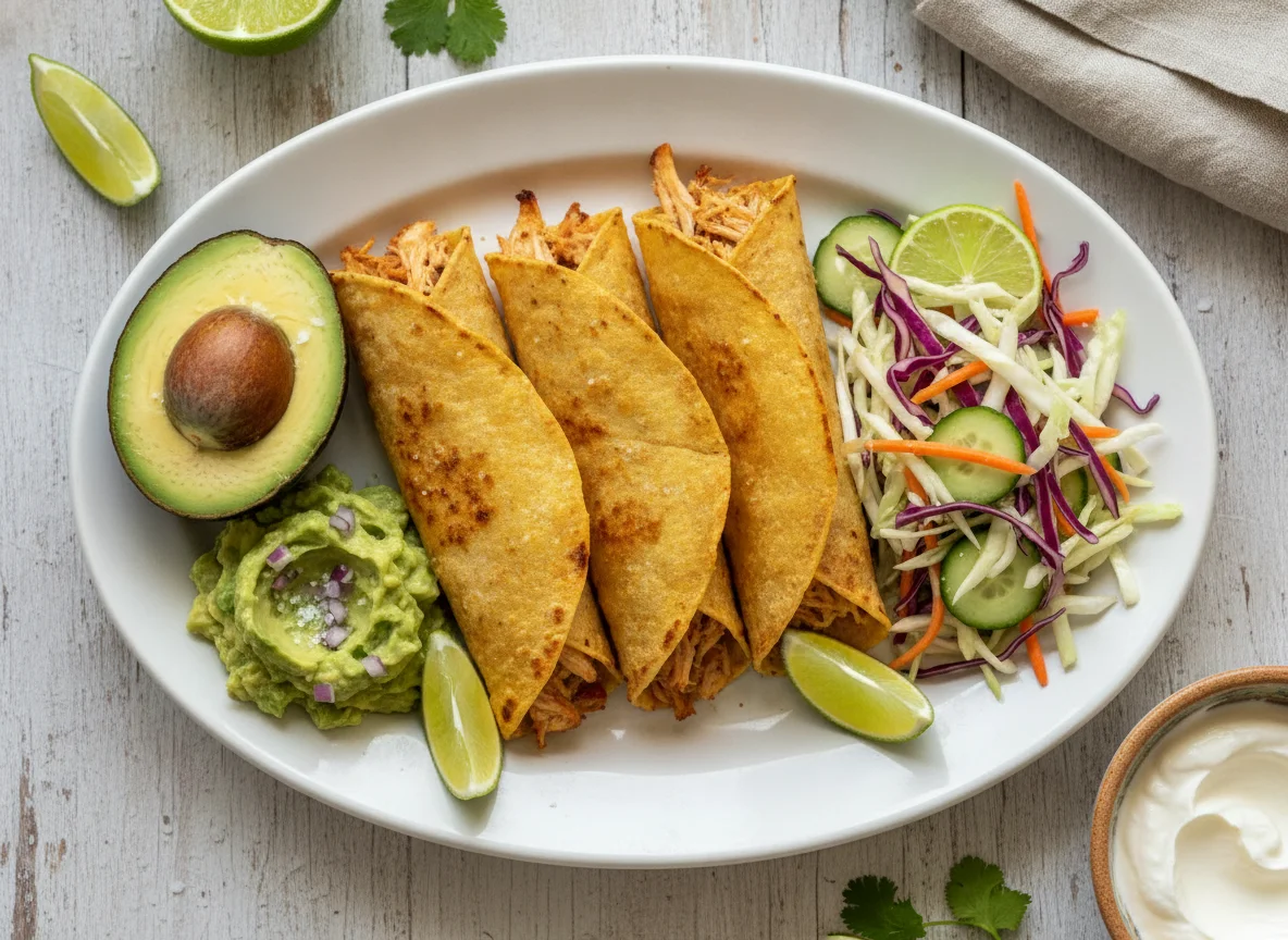 Tacos dorados al horno con ensalada y guacamole photo