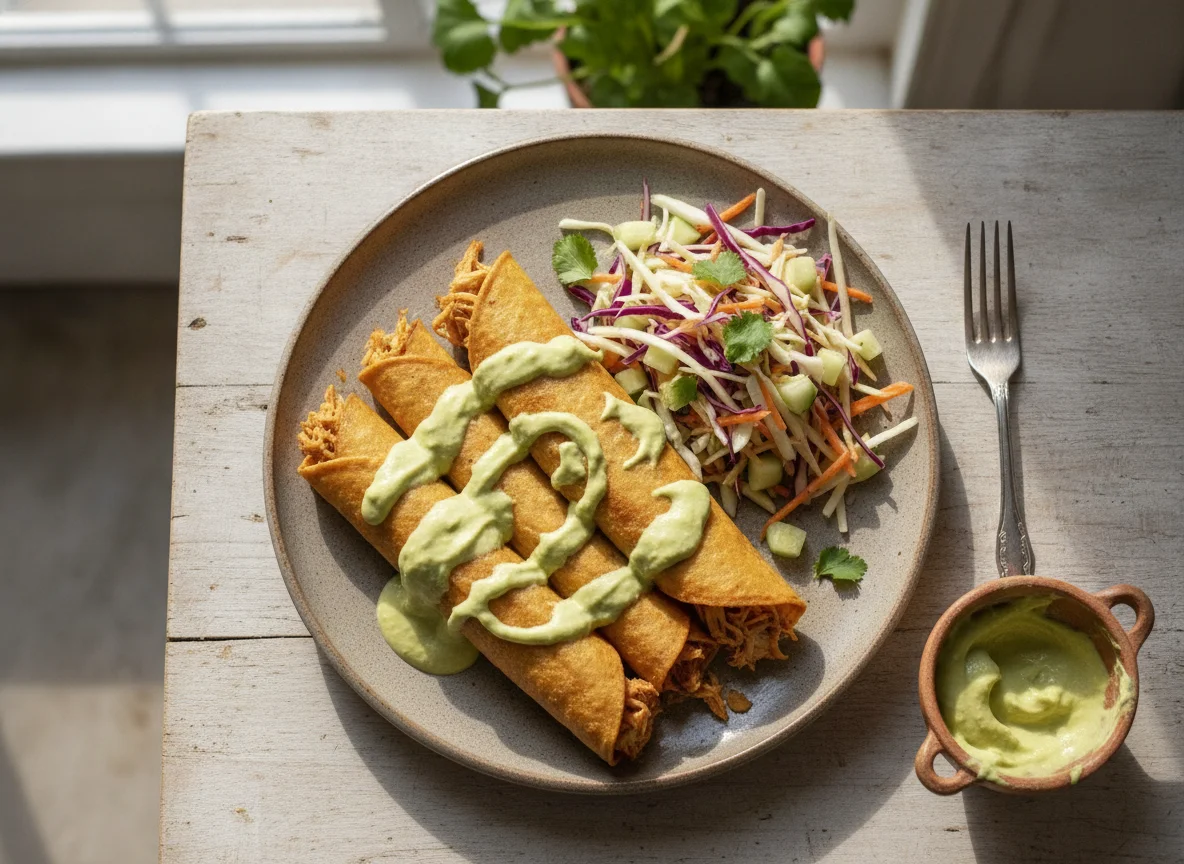Tacos dorados con ensalada y salsa de aguacate photo