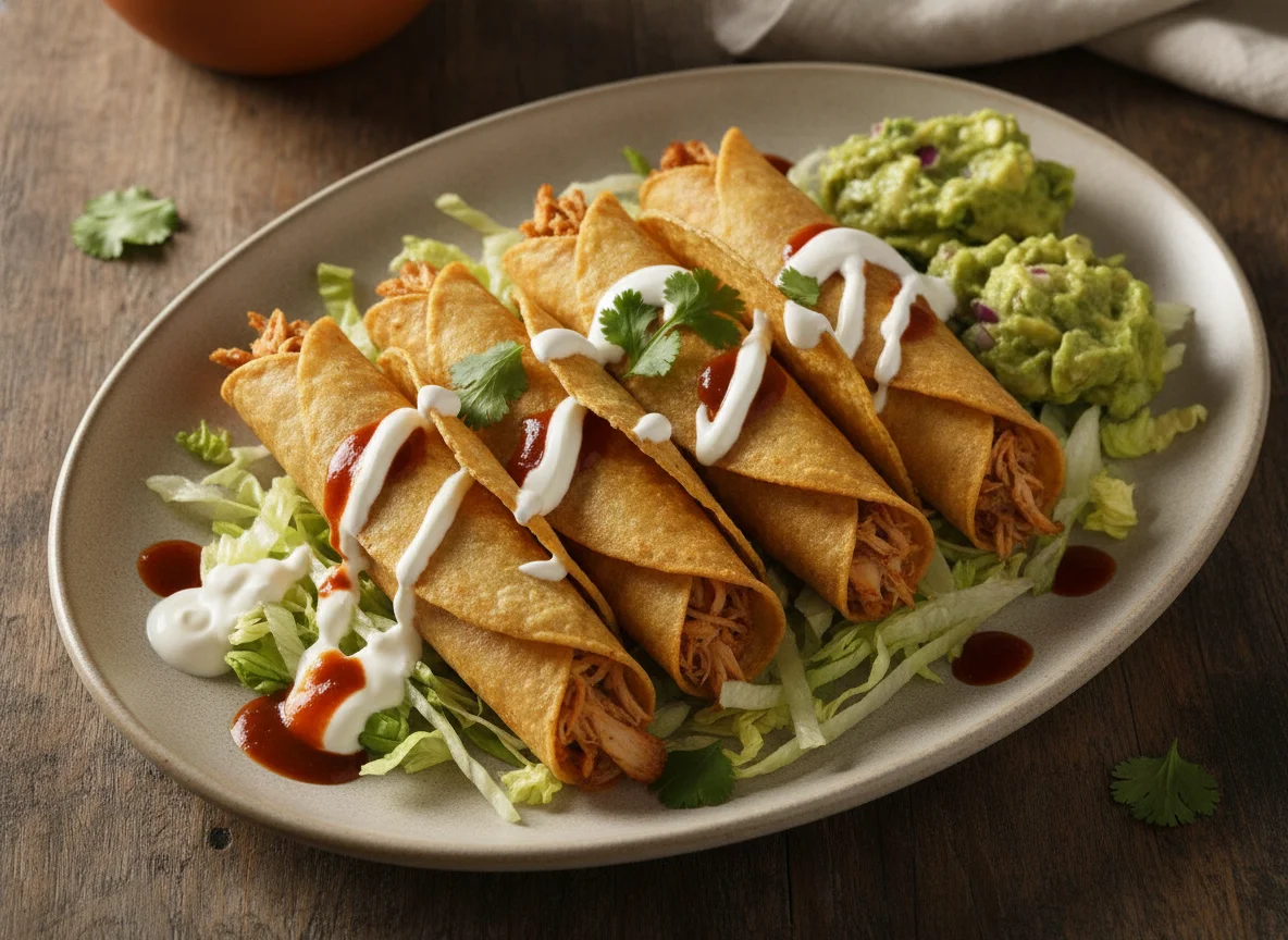 Tacos dorados con guacamol y crema photo