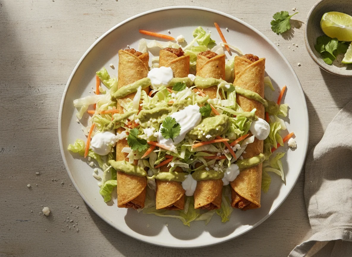 Tacos dorados con lechuga y crema photo