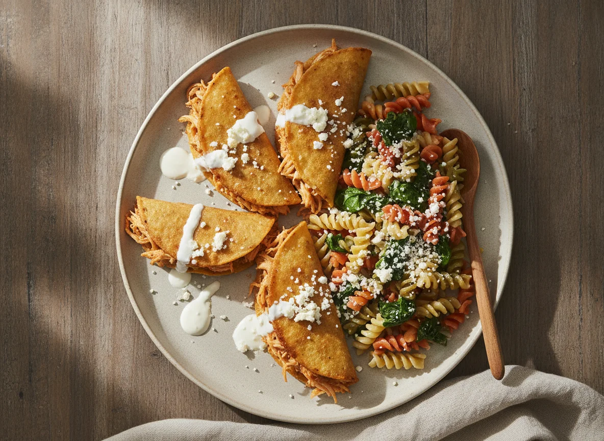 Tacos dorados con pasta fusilli photo