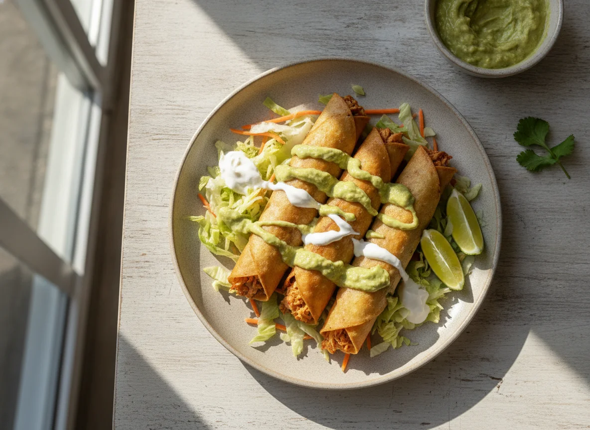 Tacos dorados con salsa de aguacate y crema photo