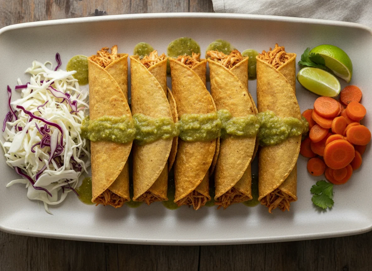 Tacos dorados con salsa y verdura photo