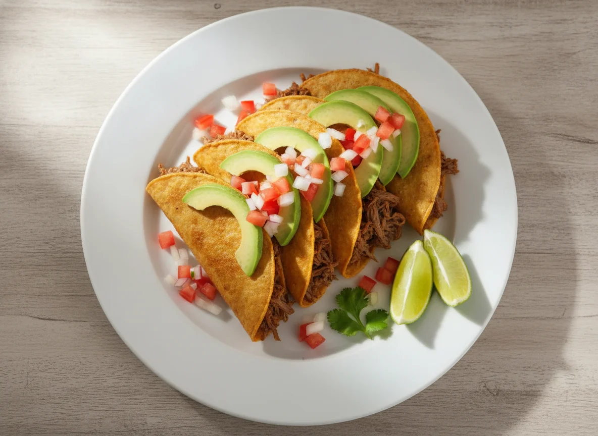 Tacos dorados de carne con aguacate photo