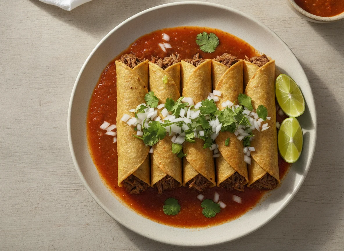 Tacos dorados de carne con salsa roja photo