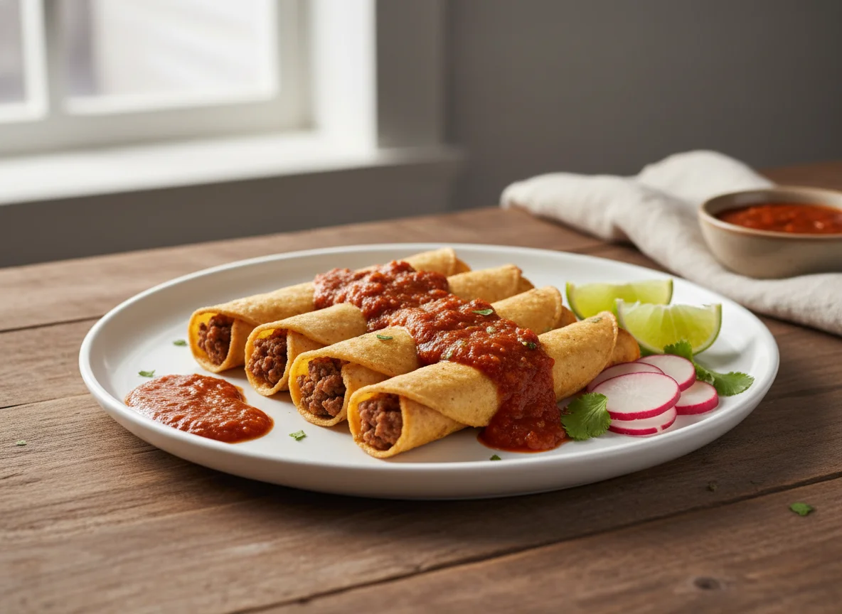Tacos fritos con salsa y guarniciones photo