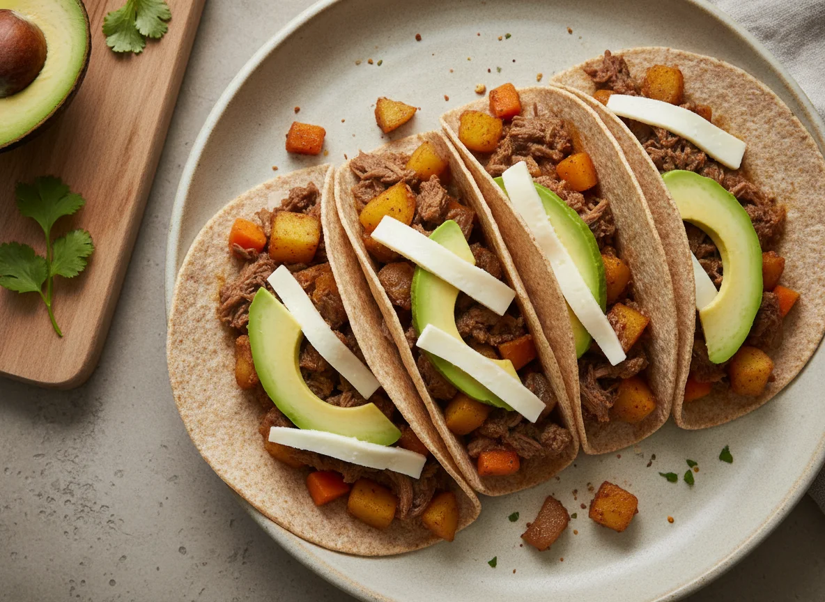 Tacos integrales de guiso de carne y vegetales photo