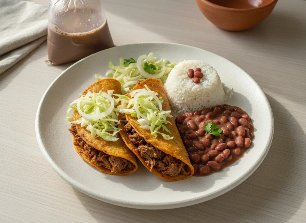Tacos nicaragüenses con arroz y frijoles photo