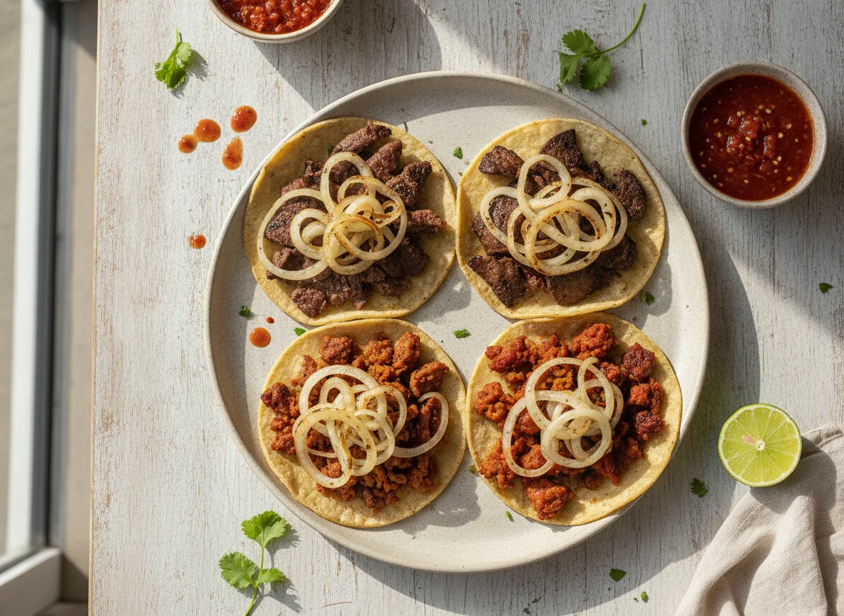 Tacos variados con cebolla y salsa photo