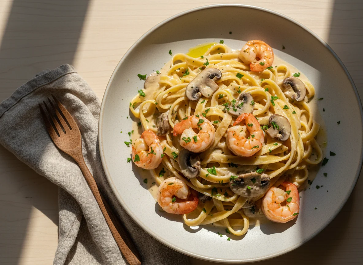 Tagliatelle con champiñones y gambas en salsa cremosa photo