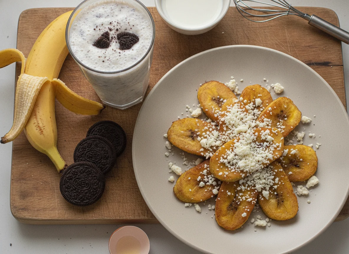 Tajadas con queso y batido de plátano con Oreo photo