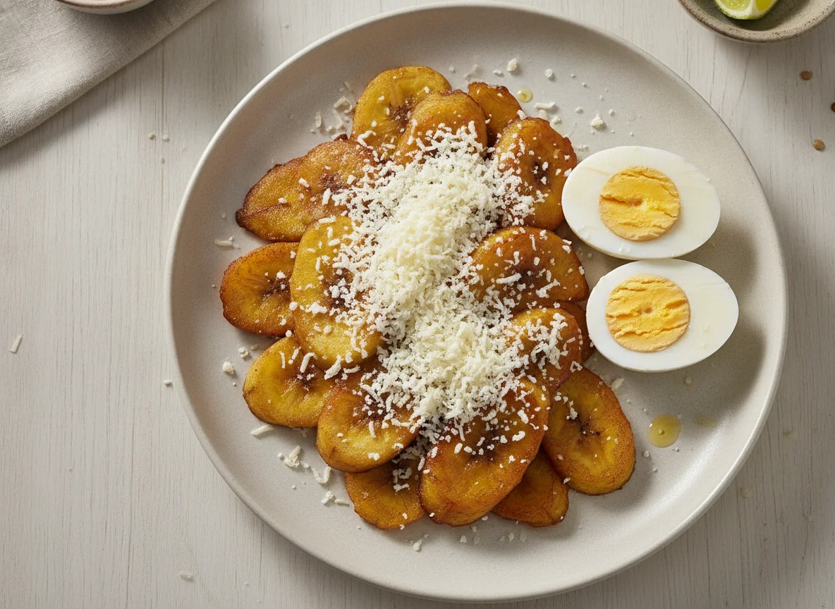Tajadas con queso y huevos sancochados photo