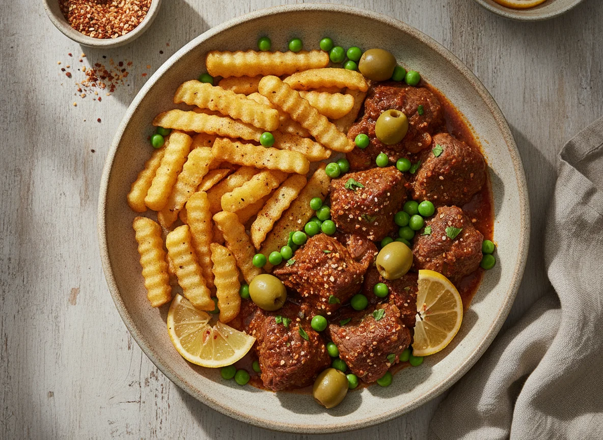 Tajín de ternera con patatas fritas y guisantes photo