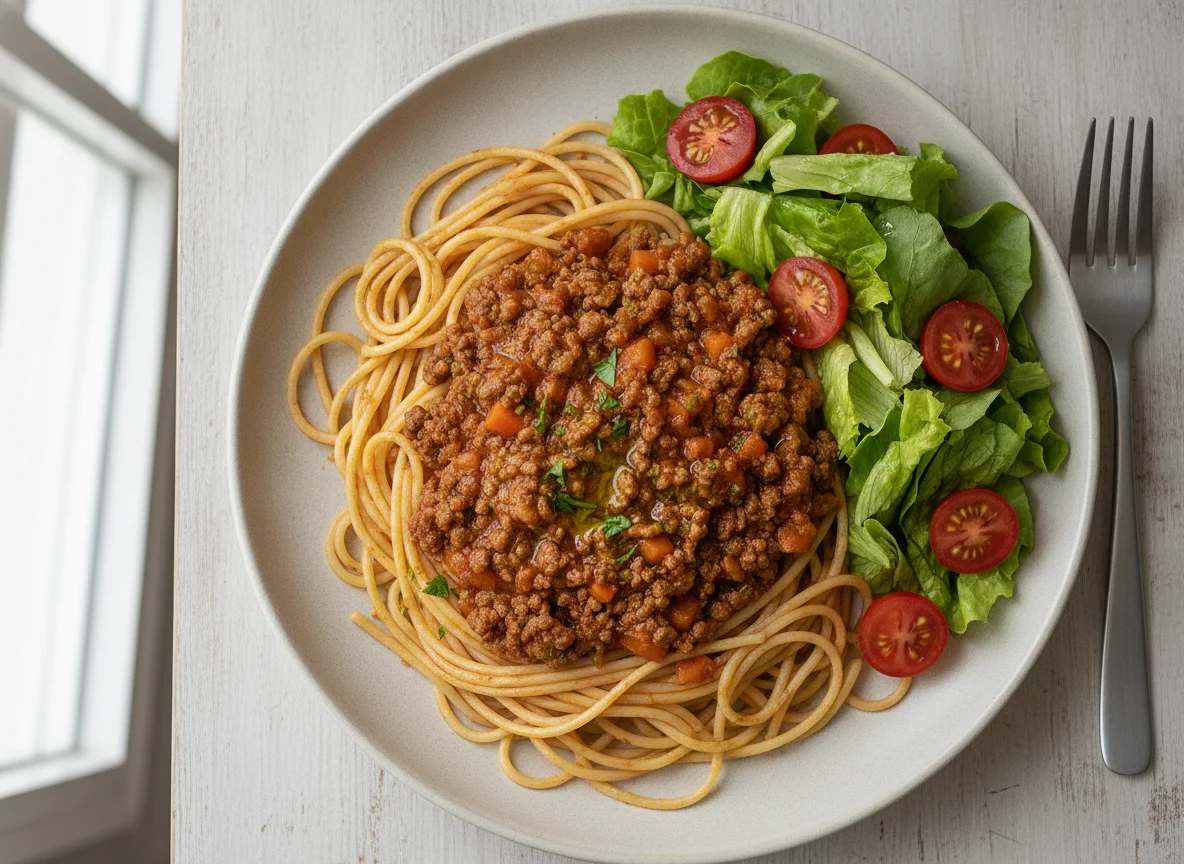 Tallarín con carne y ensalada photo