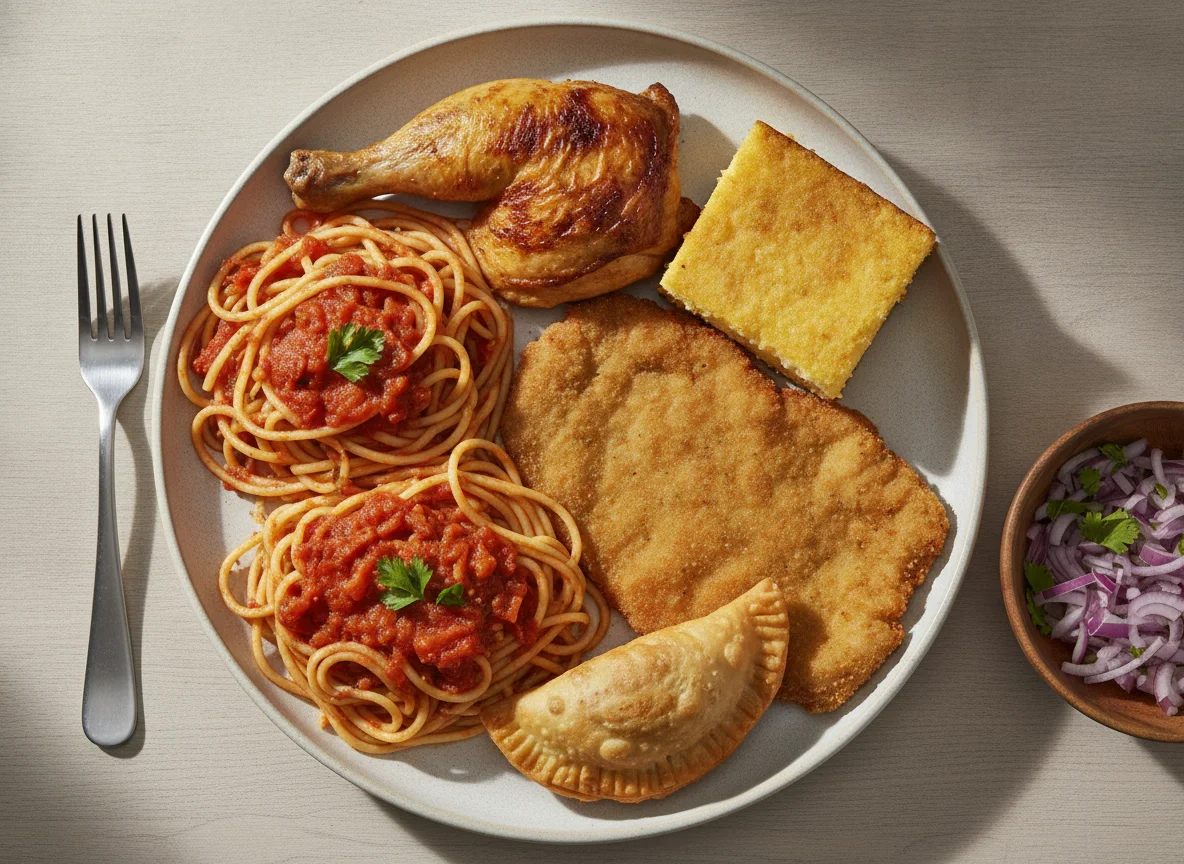 Tallarín con pollo, milanesa, sopa paraguaya y empanada photo