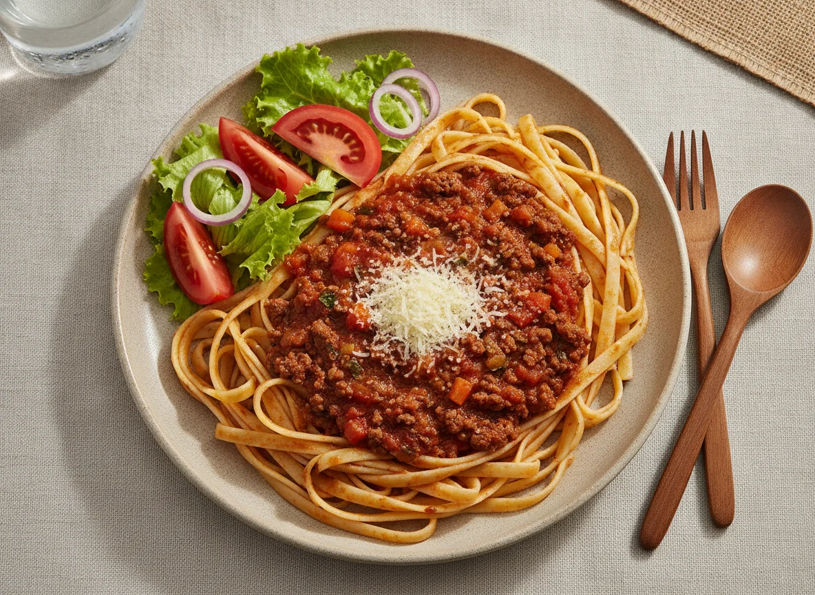 Tallarín con salsa boloñesa y ensalada mixta photo
