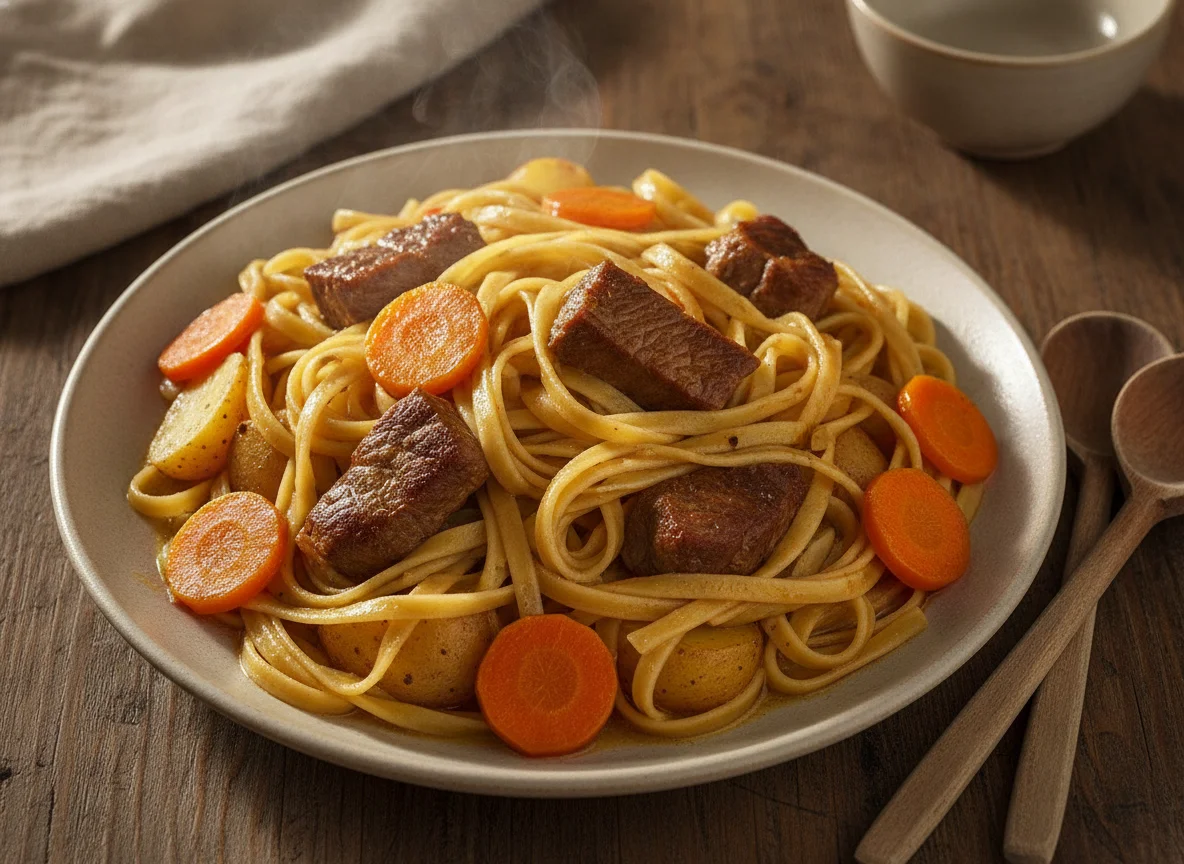 Tallarines con carne y verduras photo