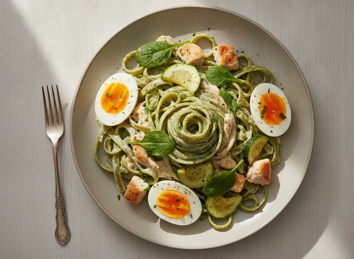 Tallarines con espinaca, huevo duro y vegetales photo