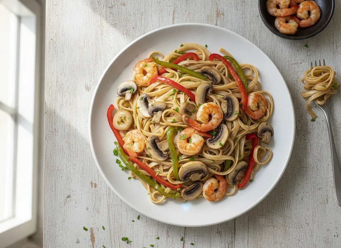 Tallarines con gambas, champiñones y pimientos photo