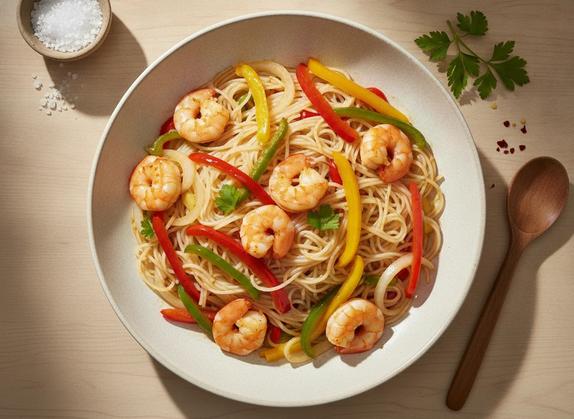 Tallarines con gambas y pimientos photo