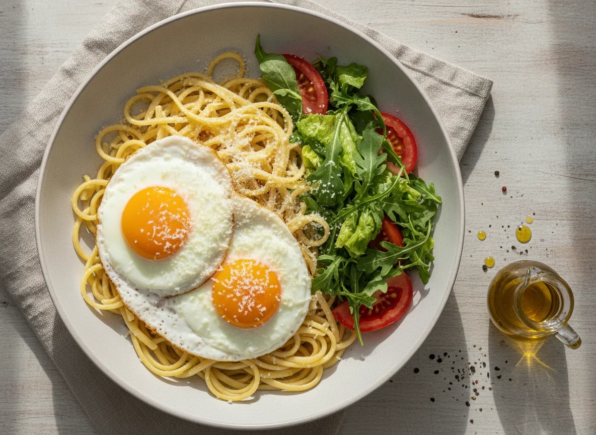 Tallarines con huevos fritos y ensalada photo