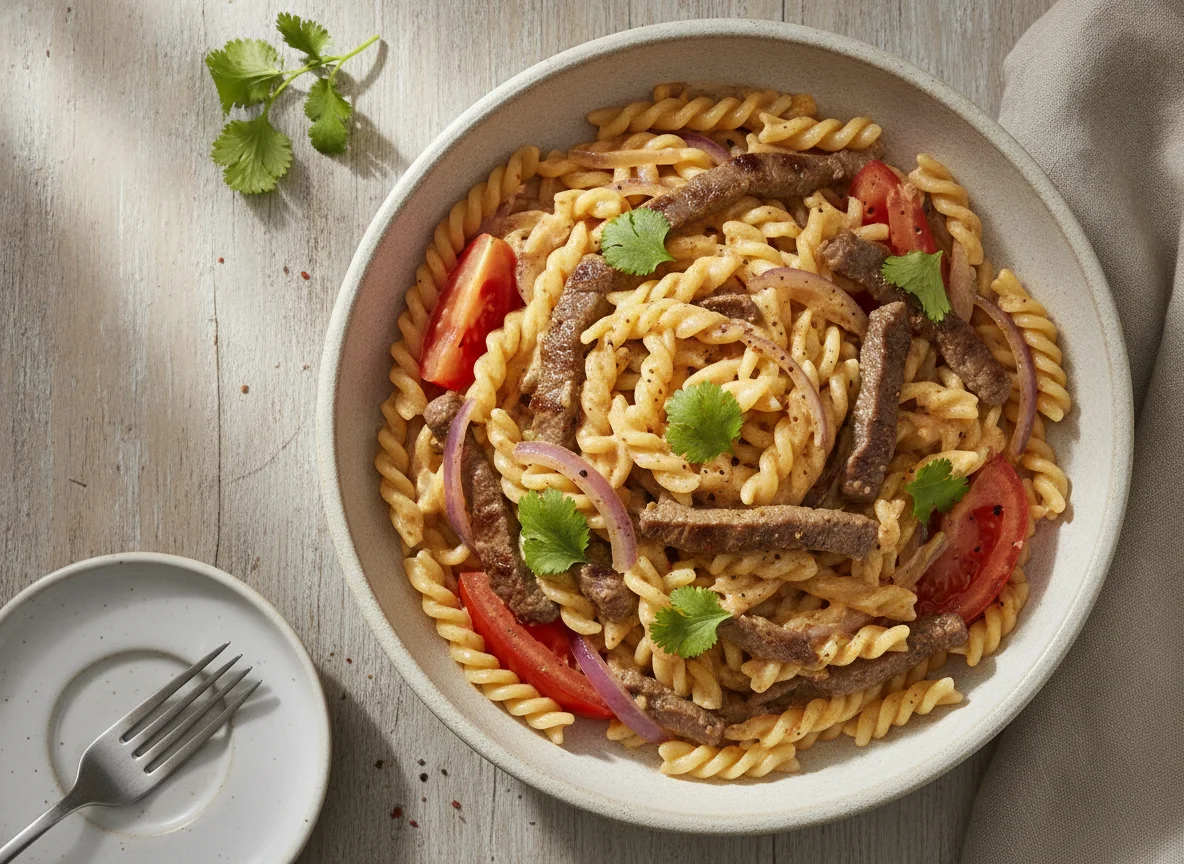 Tallarines con lomo saltado y salsa cremosa photo