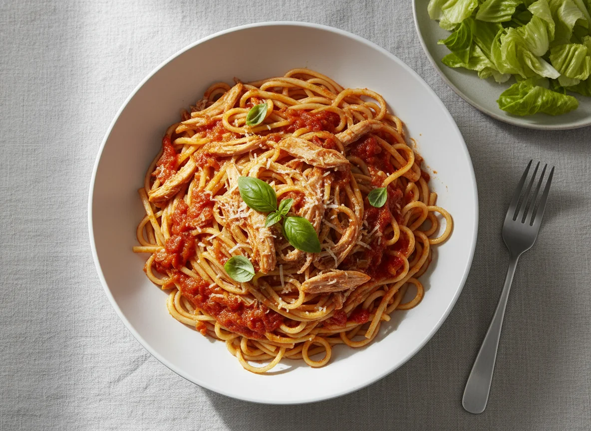 Tallarines con pollo y salsa de tomate photo