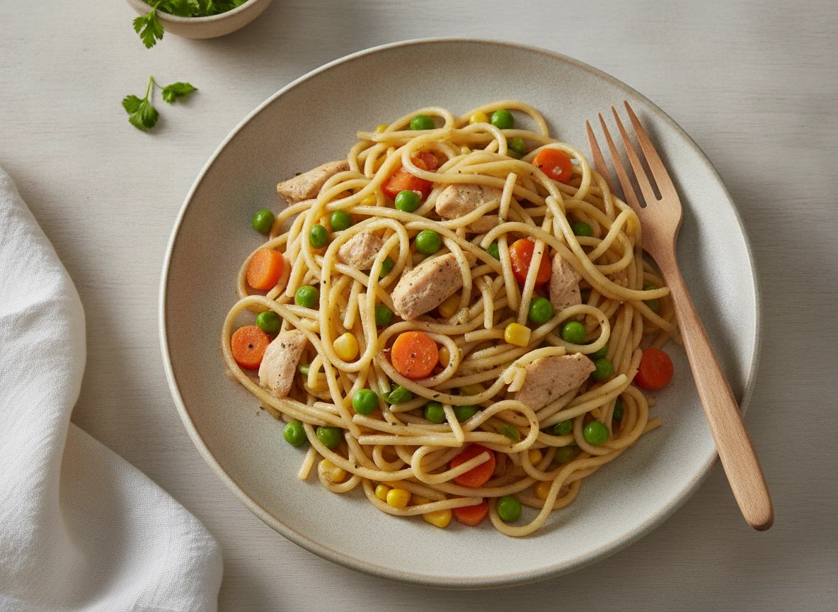 Tallarines con pollo y verduras photo
