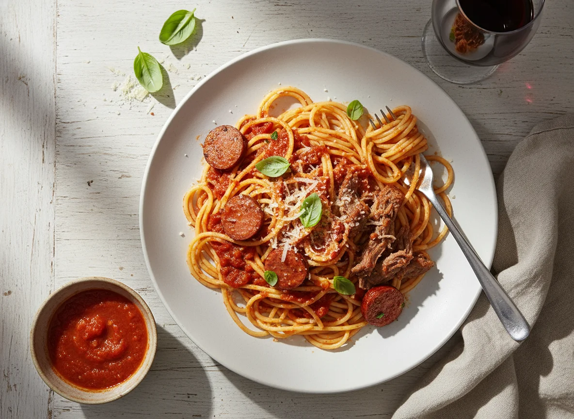 Tallarines con salchicha y carne photo