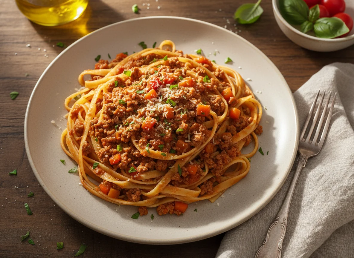 Tallarines con salsa boloñesa photo