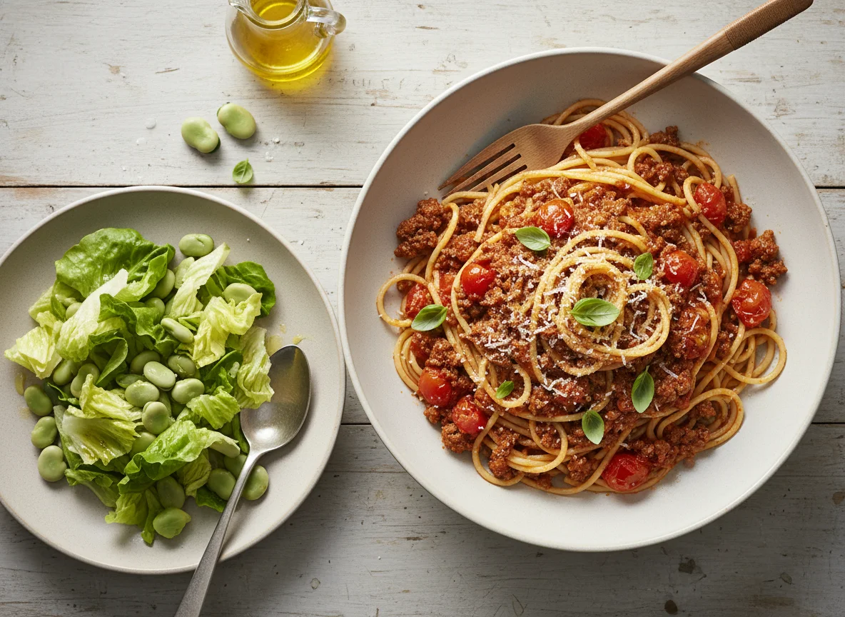 Tallarines con salsa boloñesa y ensalada de lechuga con habas photo