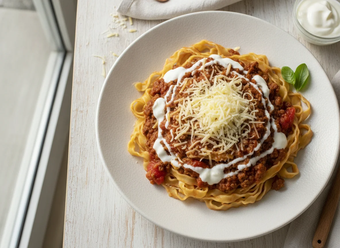 Tallarines con salsa boloñesa y queso photo