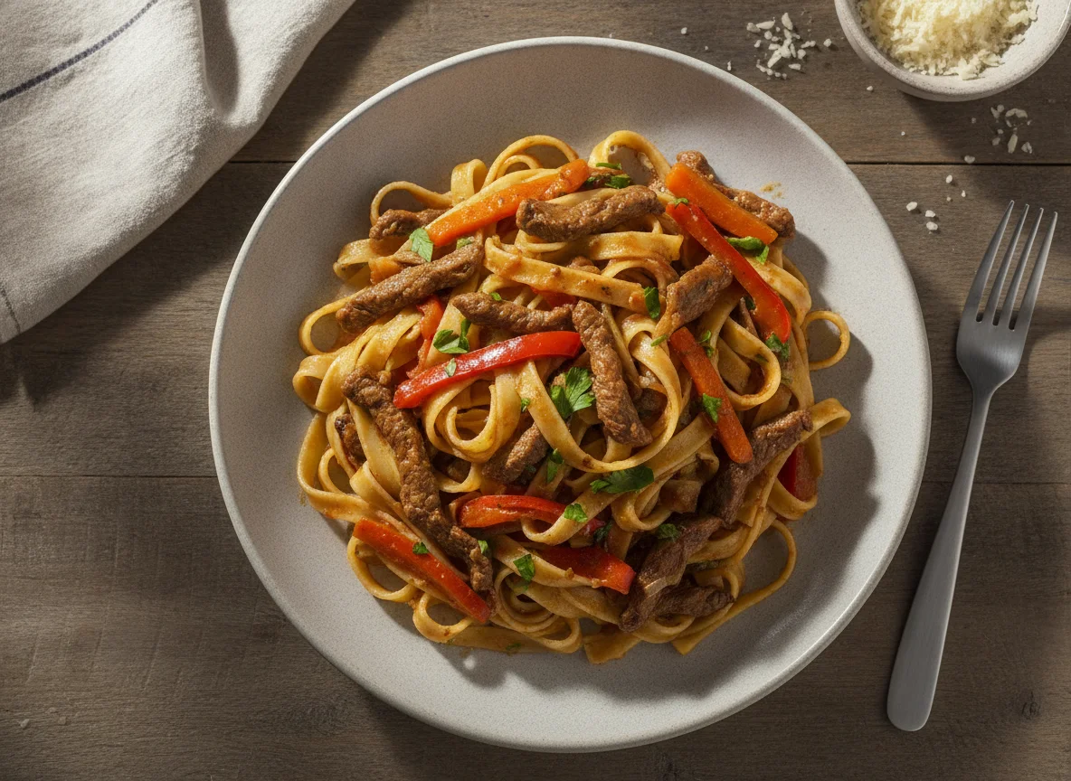 Tallarines con salsa de carne y vegetales photo