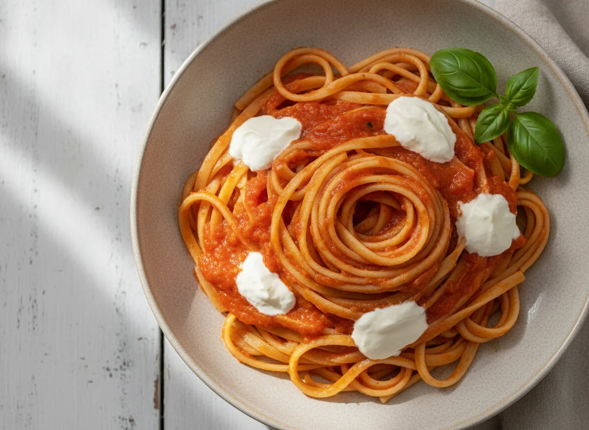 Tallarines con salsa de tomate y crema photo