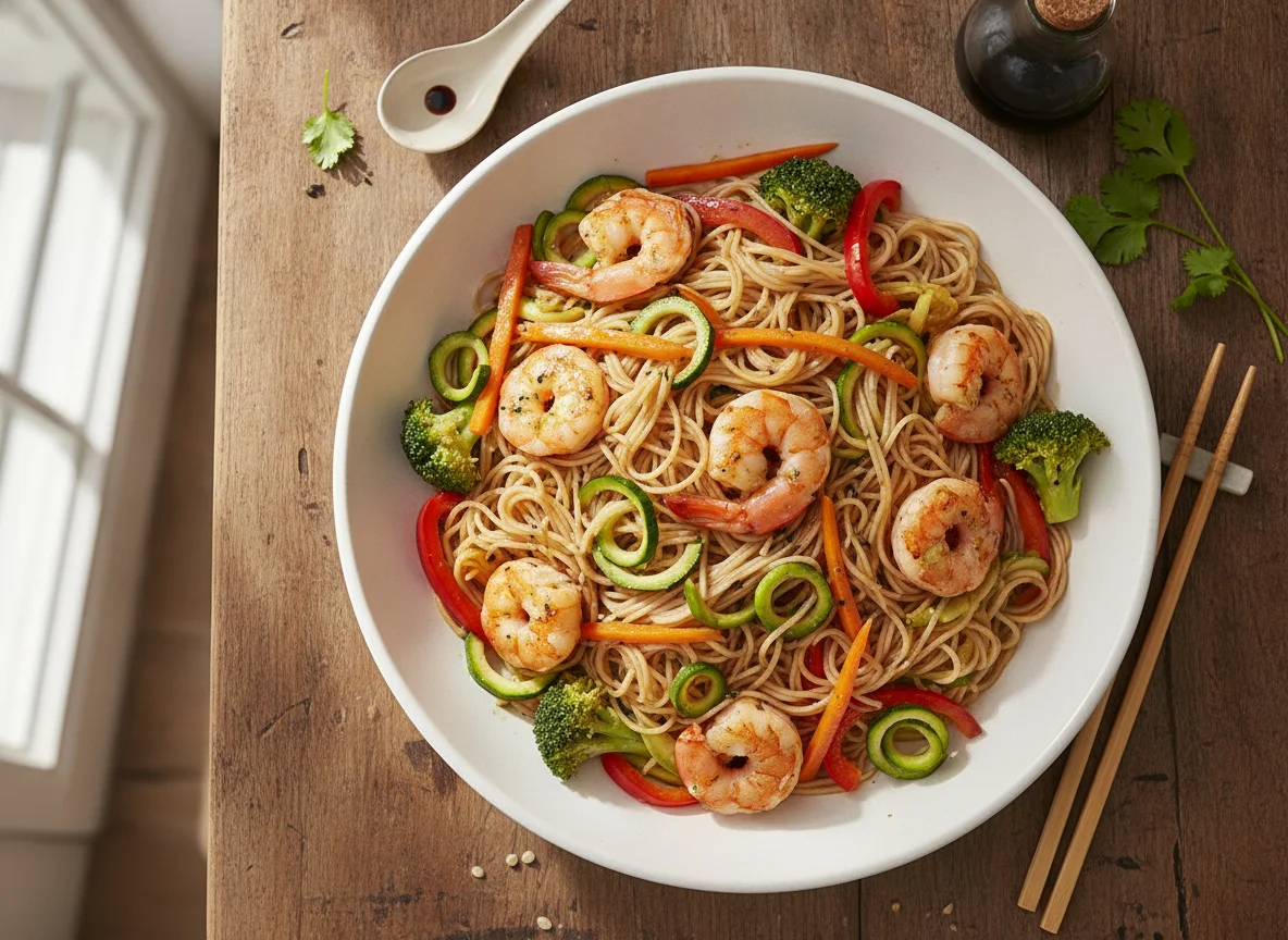 Tallarines de arroz con gambas y verduras photo