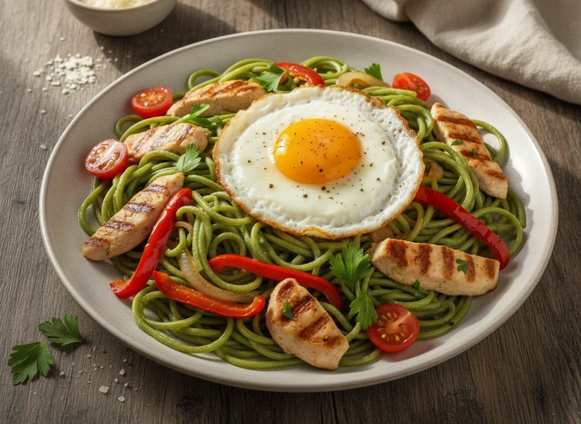 Tallarines de espinaca con pollo, huevo y vegetales photo