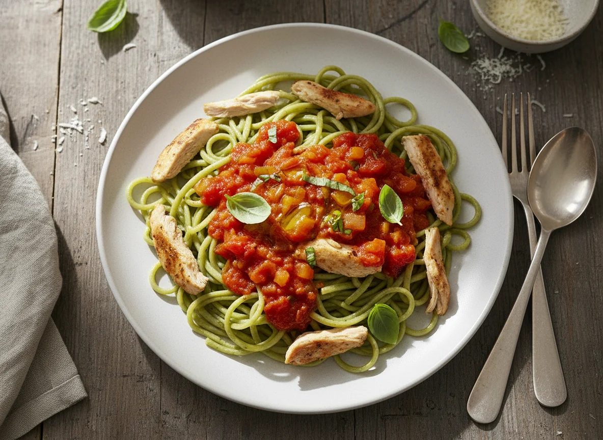 Tallarines de espinaca con pollo y salsa de tomate photo