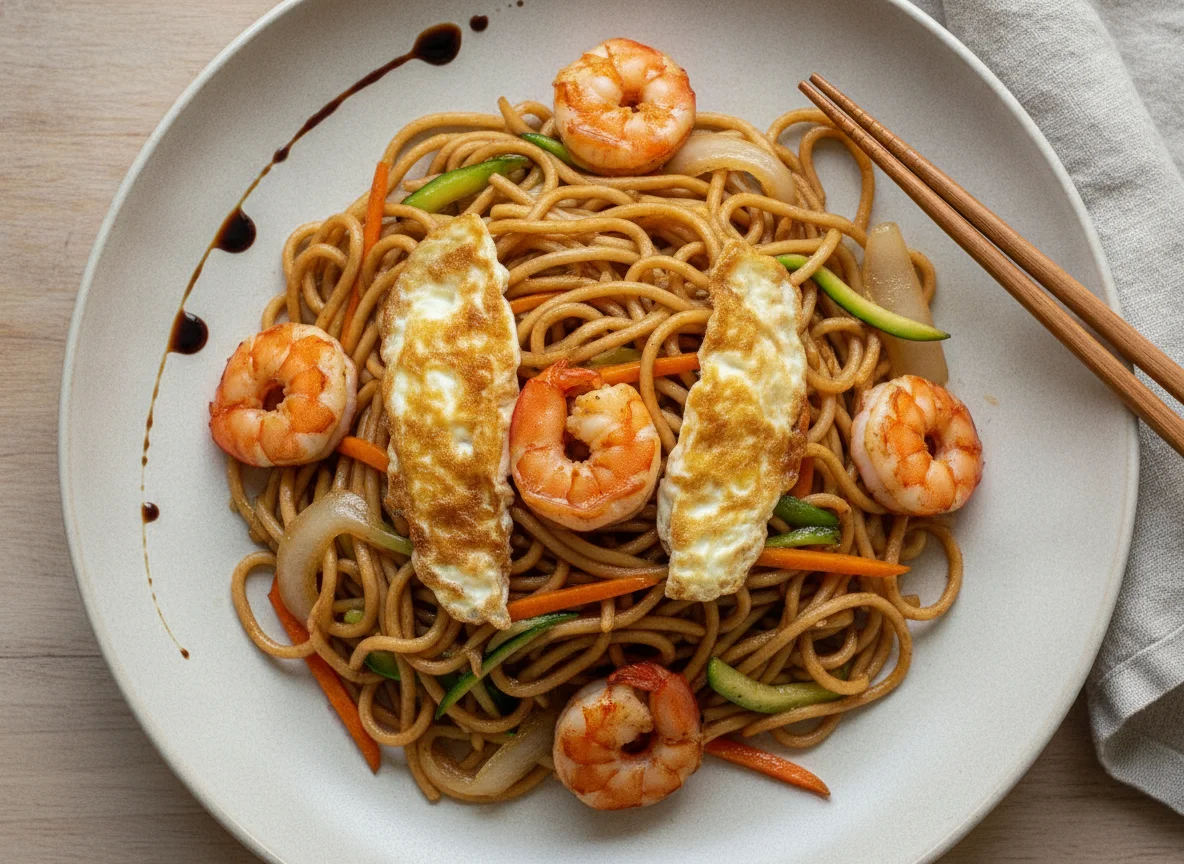 Tallarines fritos con gambas y huevo photo