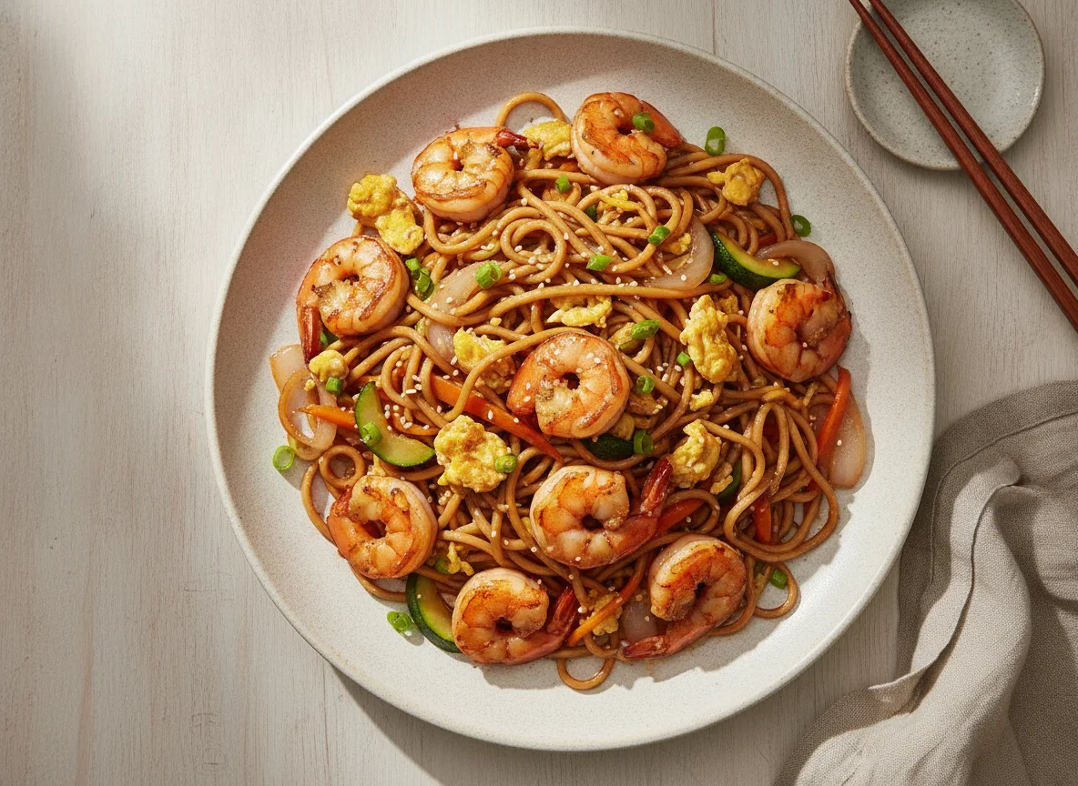 Tallarines fritos con gambas y verduras photo