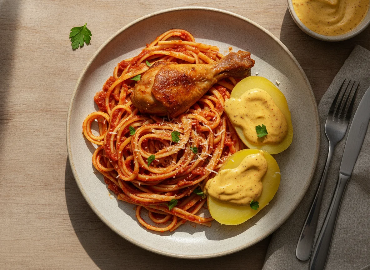 Tallarines rojos con pollo y papa a la huancaína photo