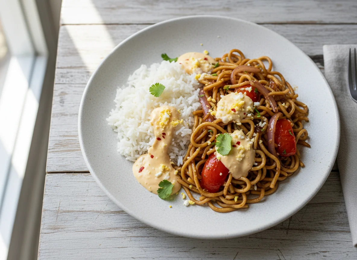 Tallarines saltados con arroz y salsa a la huancaína photo