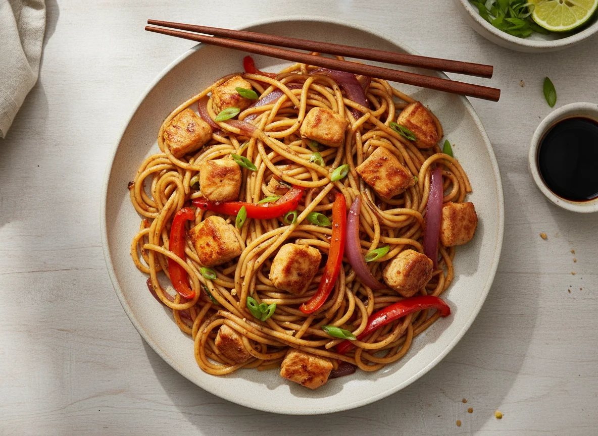 Tallarines saltados con pollo photo