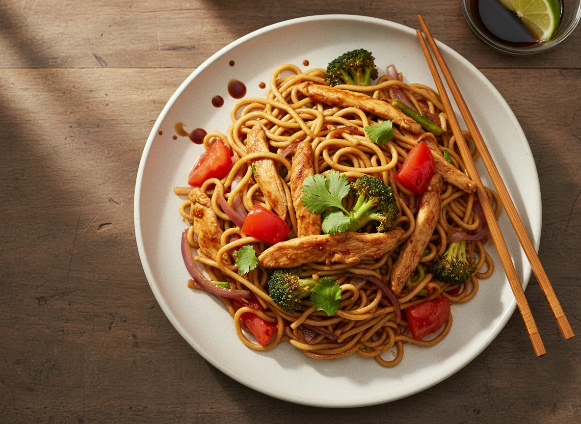 Tallarines saltados con pollo y verduras photo